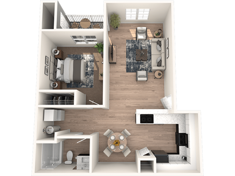 Floor plan for 1 bed, 1 bath, 728 sqft
